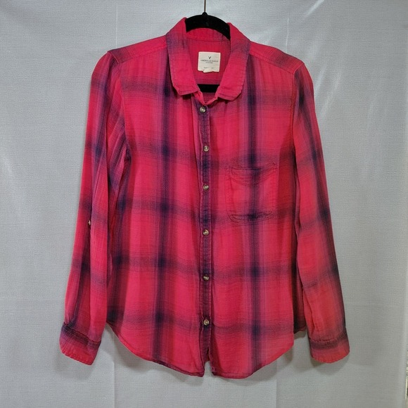 American Eagle Outfitters Tops - American Eagle Boyfriend Fit Button Up Plaid Shirt Women's XL Red